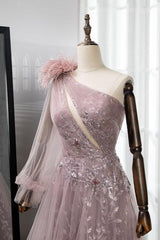 Pink A Line Prom Dress Long Sleeve One Shoulder Formal Dress With Lace Appliques