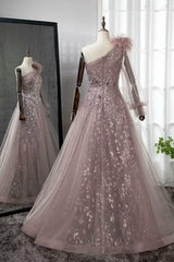 Pink A Line Prom Dress Long Sleeve One Shoulder Formal Dress With Lace Appliques