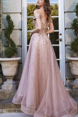 Pink A Line Prom Dress Off the Shoulder Beaded Formal Dress