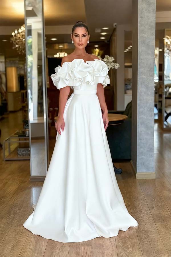 Pink A Line Prom Dress Off the Shoulder Ruffled Satin Formal Dress