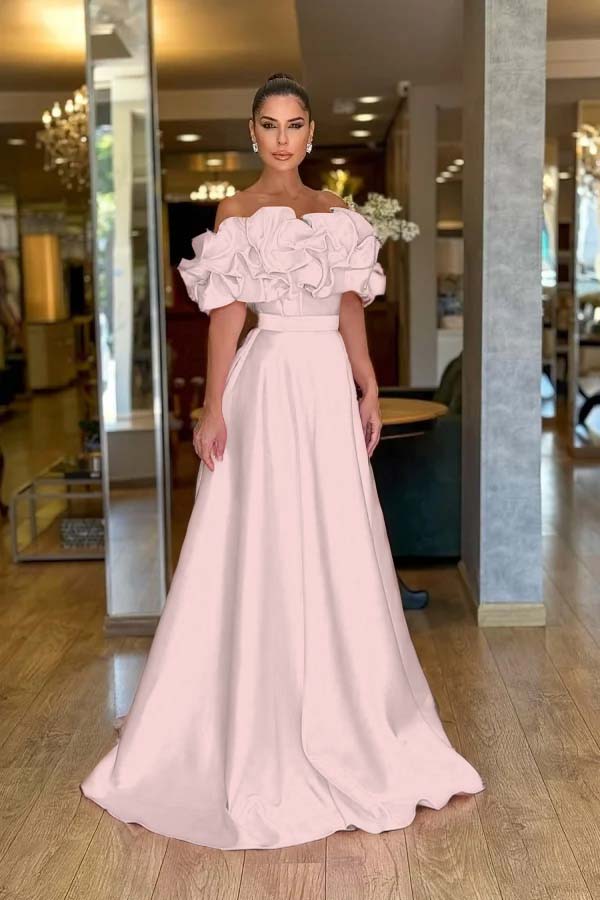 Pink A Line Prom Dress Off the Shoulder Ruffled Satin Formal Dress