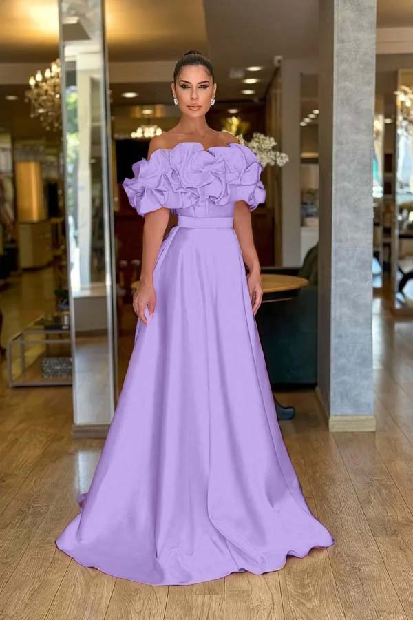 Pink A Line Prom Dress Off the Shoulder Ruffled Satin Formal Dress