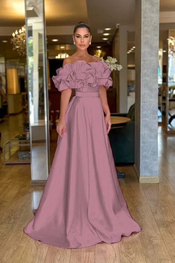 Pink A Line Prom Dress Off the Shoulder Ruffled Satin Formal Dress