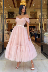 Pink A Line Prom Dress Off the Shoulder Tea Length Formal Dress