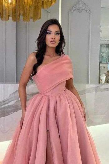 Pink A Line Prom Dress One Shoulder Formal Dress