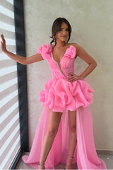 Pink A Line Prom Dress One Shoulder Ruffled Organza High Low Formal Dress