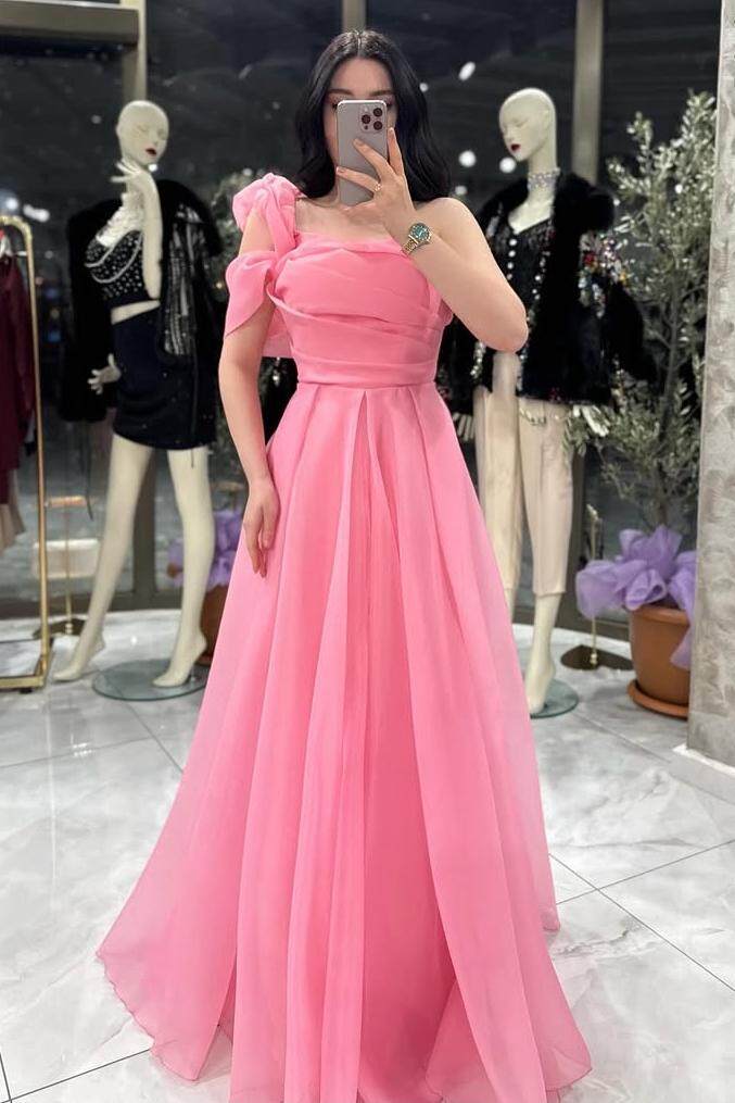 Pink A Line Prom Dress Short Sleeve One Shoulder Formal Dress