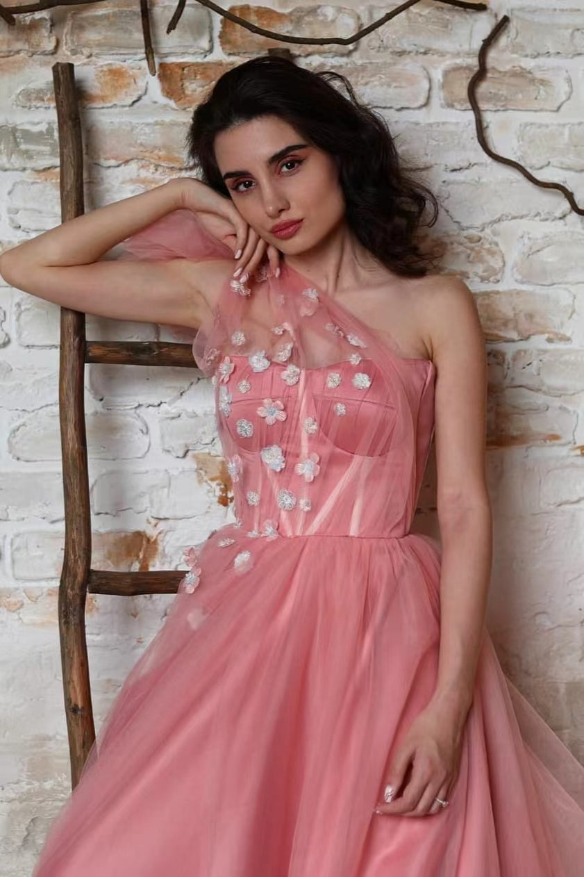 Pink A Line Prom Dress Sleeveless One Shoulder Formal Dress With 3D Flowers