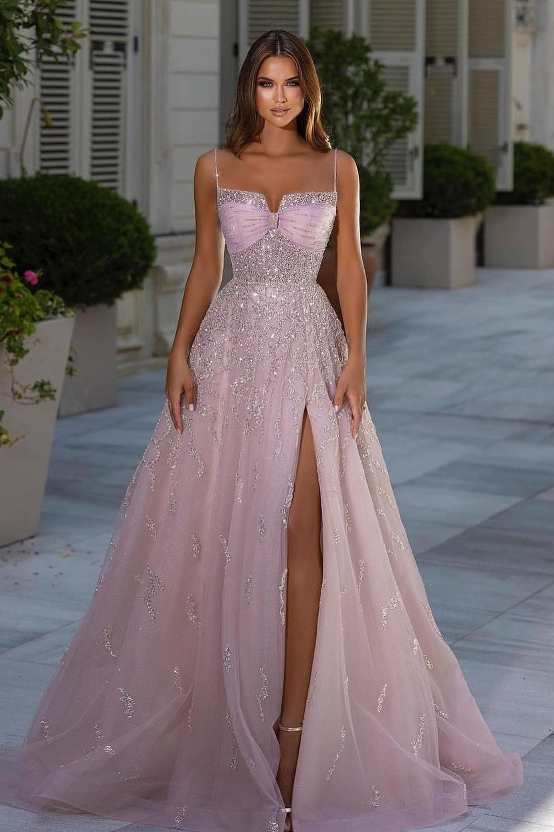Pink A Line Prom Dress Sleeveless Spaghetti Straps Beaded Formal Dress