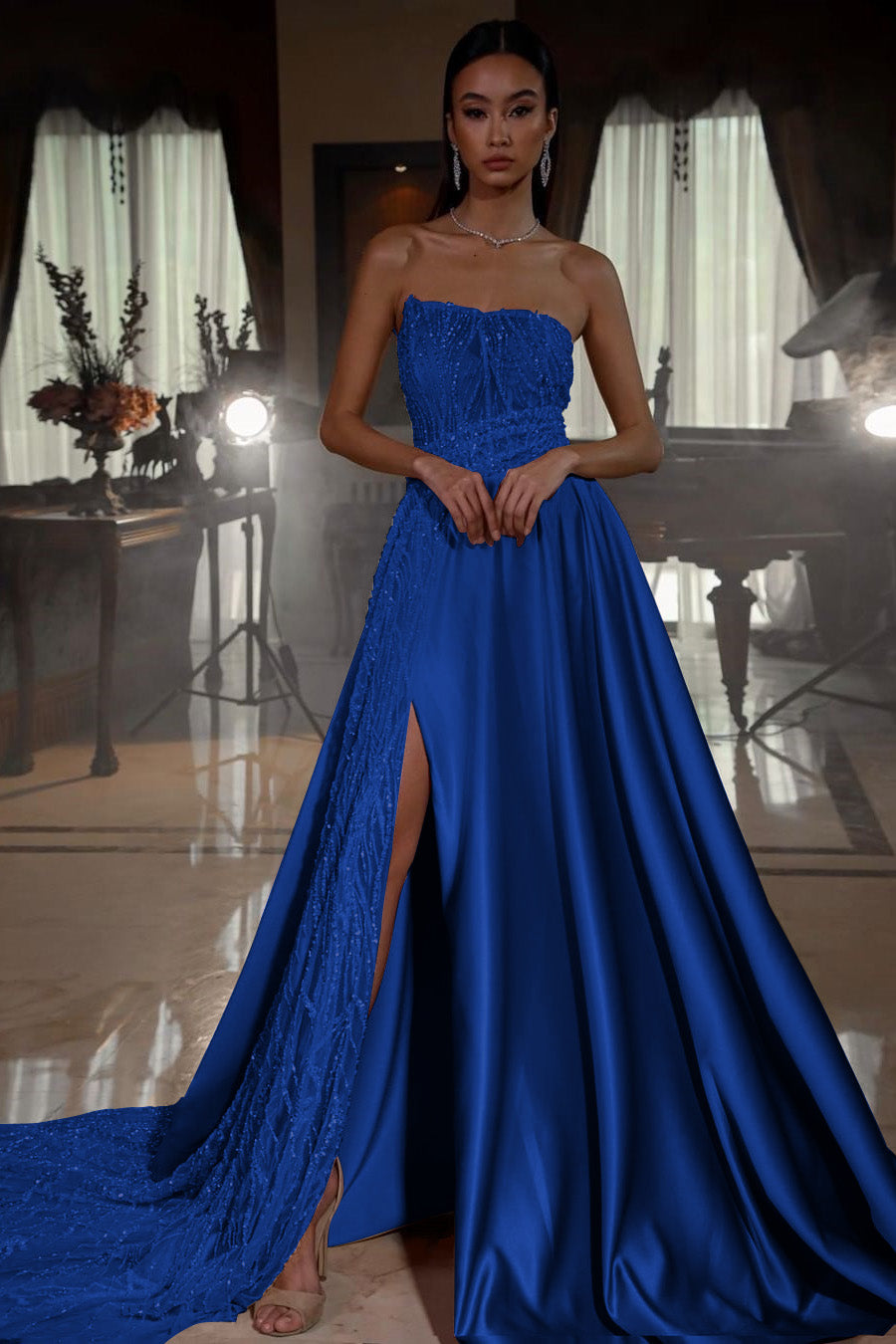 Pink A Line Prom Dress Sleeveless Strapless Satin Sequined Formal Dress