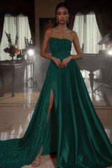 Pink A Line Prom Dress Sleeveless Strapless Satin Sequined Formal Dress