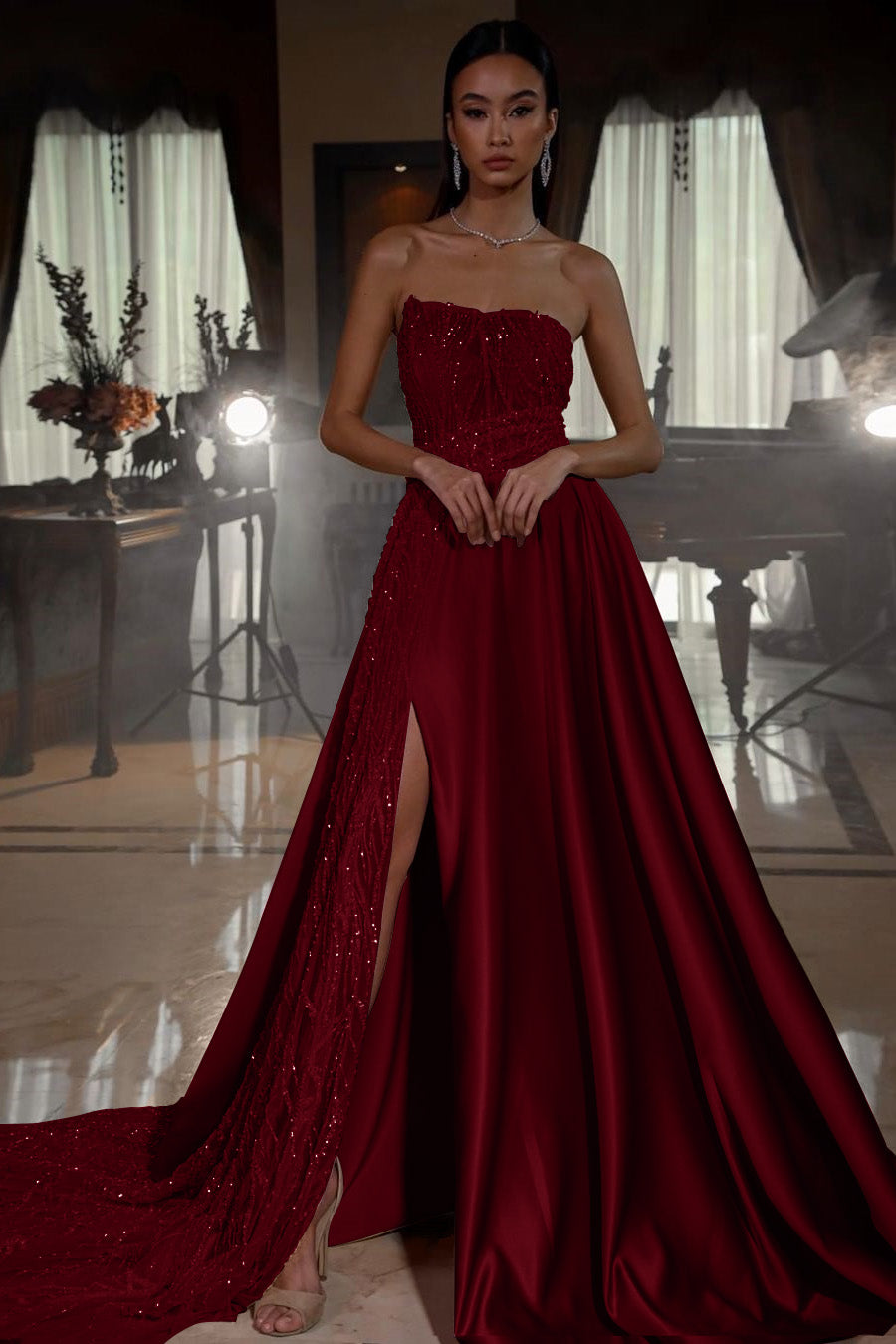 Pink A Line Prom Dress Sleeveless Strapless Satin Sequined Formal Dress