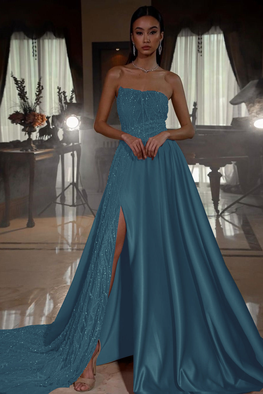 Pink A Line Prom Dress Sleeveless Strapless Satin Sequined Formal Dress