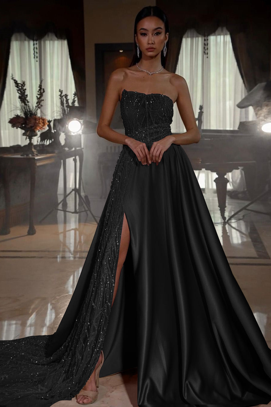 Pink A Line Prom Dress Sleeveless Strapless Satin Sequined Formal Dress