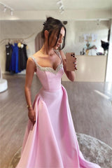 Pink A Line Prom Dress Sleeveless Straps Beaded Formal Dress