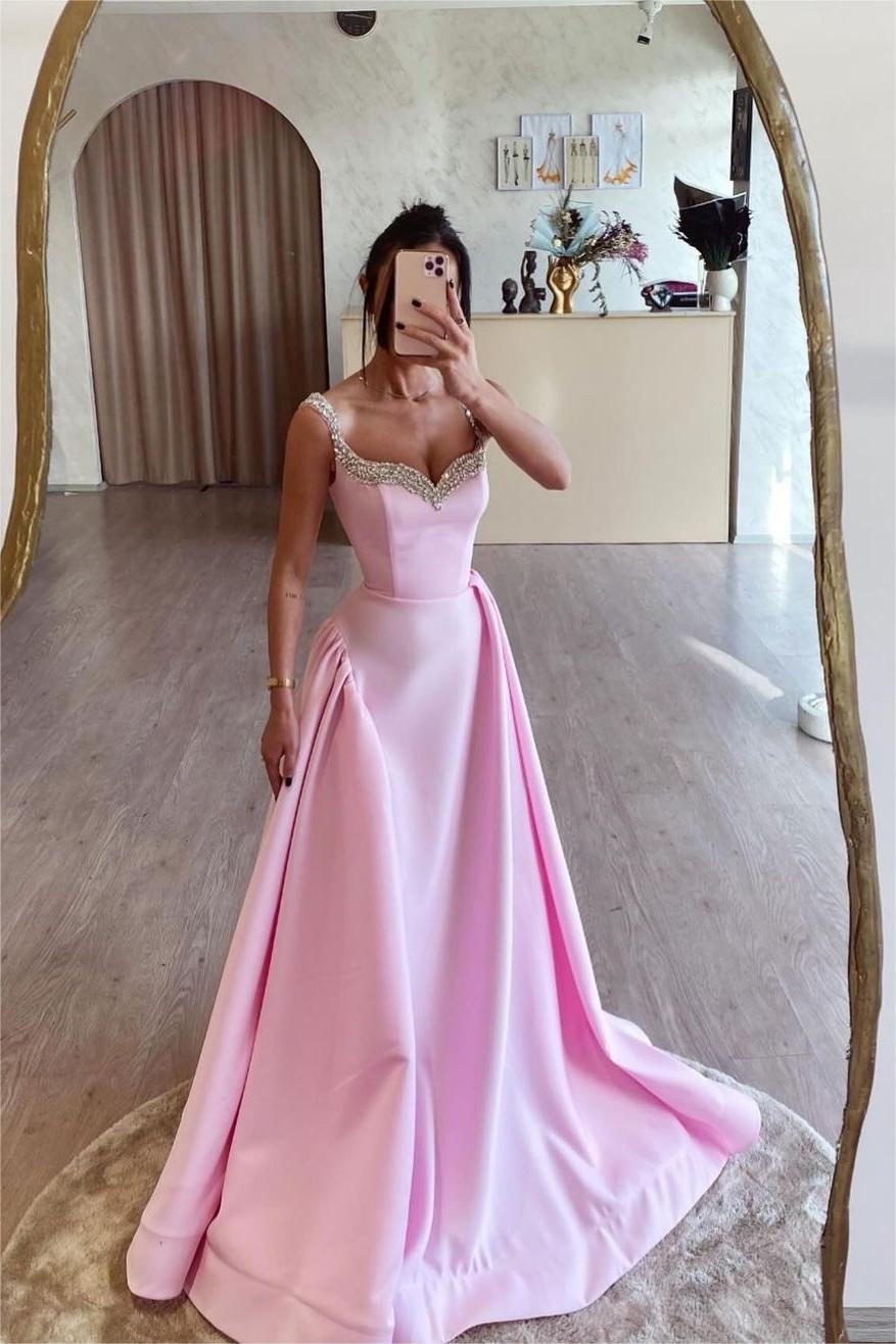 Pink A Line Prom Dress Sleeveless Straps Beaded Formal Dress
