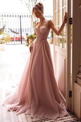 Pink A Line Prom Dress Sleeveless Straps Beaded Formal Dress