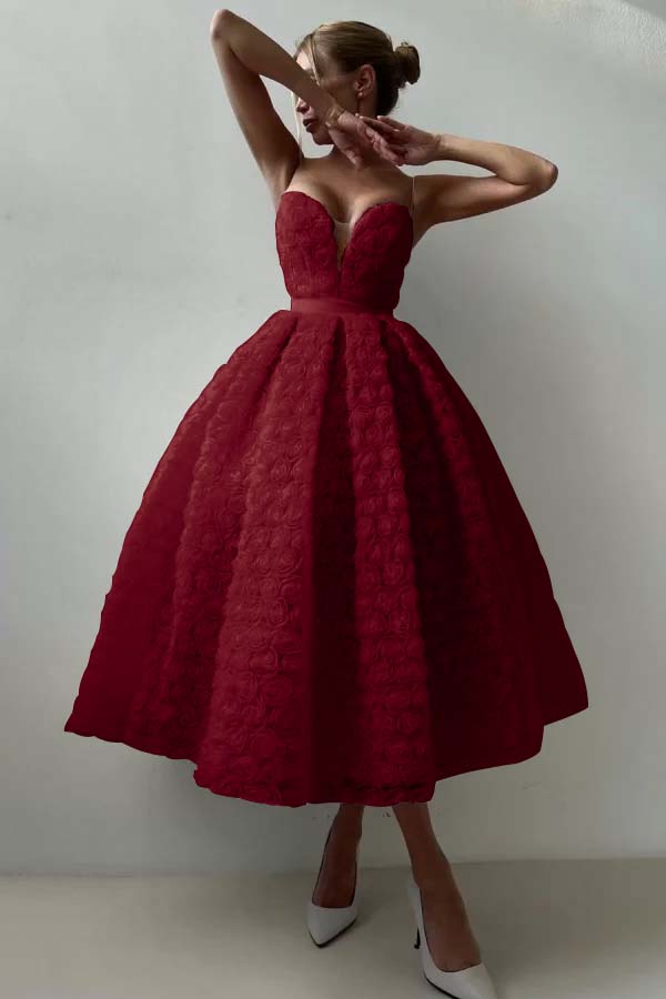 Pink A Line Prom Dress Sleeveless Sweetheart Tea Length Formal Dress With Lace Appliques