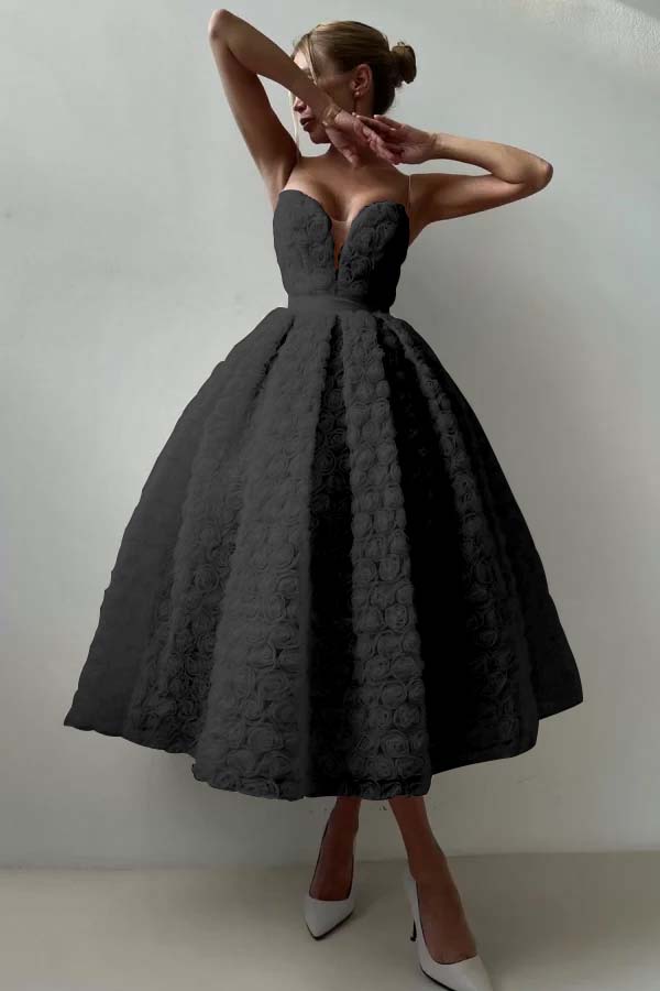 Pink A Line Prom Dress Sleeveless Sweetheart Tea Length Formal Dress With Lace Appliques