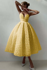 Pink A Line Prom Dress Sleeveless Sweetheart Tea Length Formal Dress With Lace Appliques