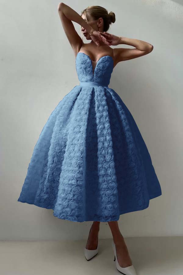 Pink A Line Prom Dress Sleeveless Sweetheart Tea Length Formal Dress With Lace Appliques