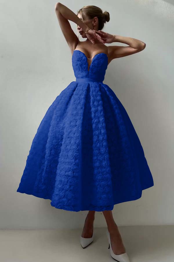 Pink A Line Prom Dress Sleeveless Sweetheart Tea Length Formal Dress With Lace Appliques