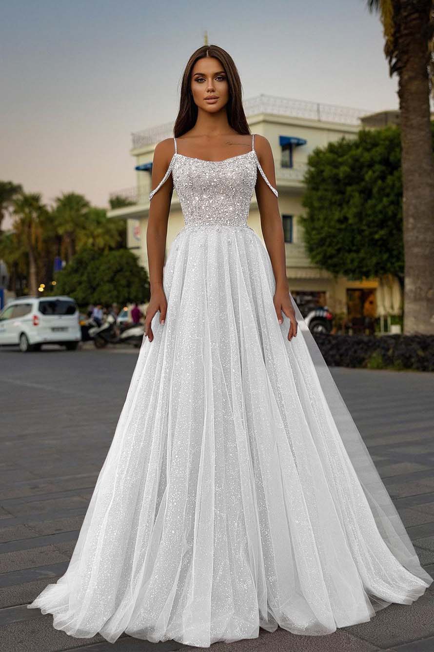 Pink A Line Prom Dress Spaghetti Straps Sleeveless Beaded Formal Dress