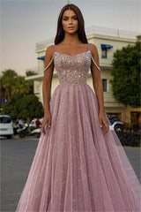 Pink A Line Prom Dress Spaghetti Straps Sleeveless Beaded Formal Dress