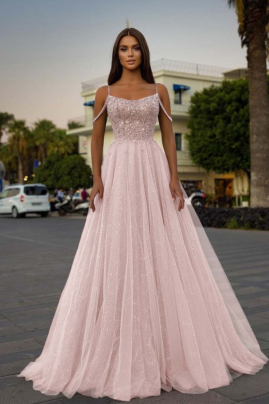 Pink A Line Prom Dress Spaghetti Straps Sleeveless Beaded Formal Dress