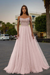 Pink A Line Prom Dress Spaghetti Straps Sleeveless Beaded Formal Dress