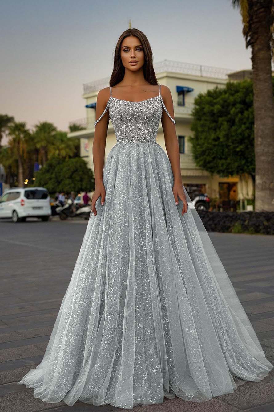 Pink A Line Prom Dress Spaghetti Straps Sleeveless Beaded Formal Dress