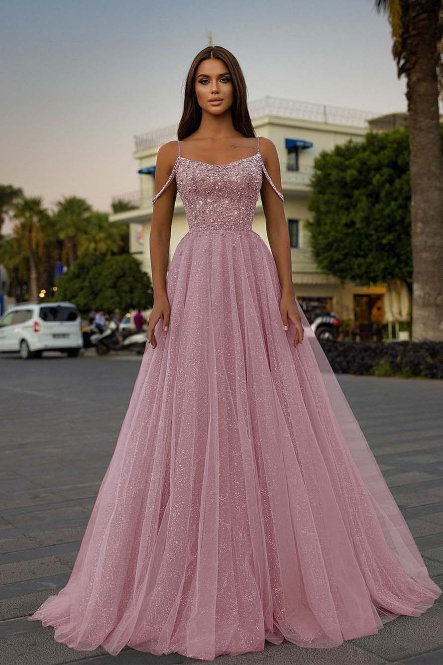 Pink A Line Prom Dress Spaghetti Straps Sleeveless Beaded Formal Dress