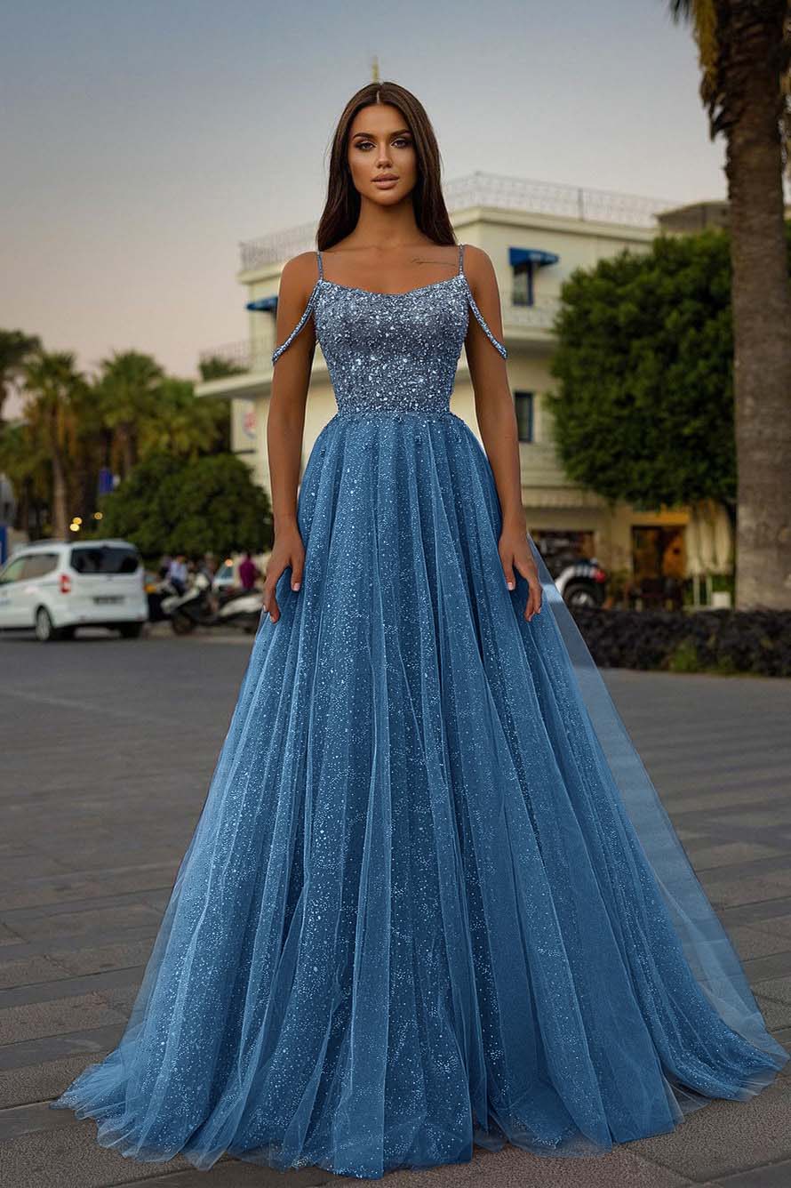 Pink A Line Prom Dress Spaghetti Straps Sleeveless Beaded Formal Dress