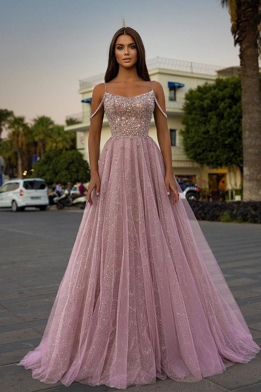 Pink A Line Prom Dress Spaghetti Straps Sleeveless Beaded Formal Dress