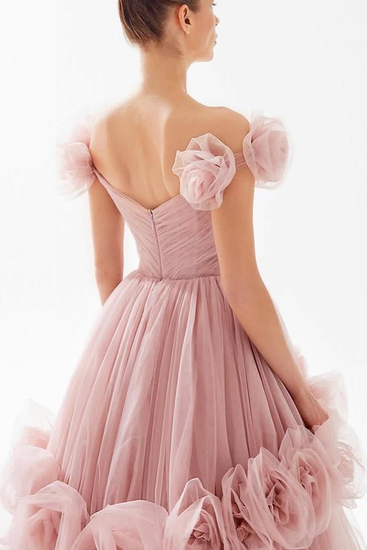 Pink Ball Gown Prom Dress Off the Shoulder Formal Dress With 3D Flowers
