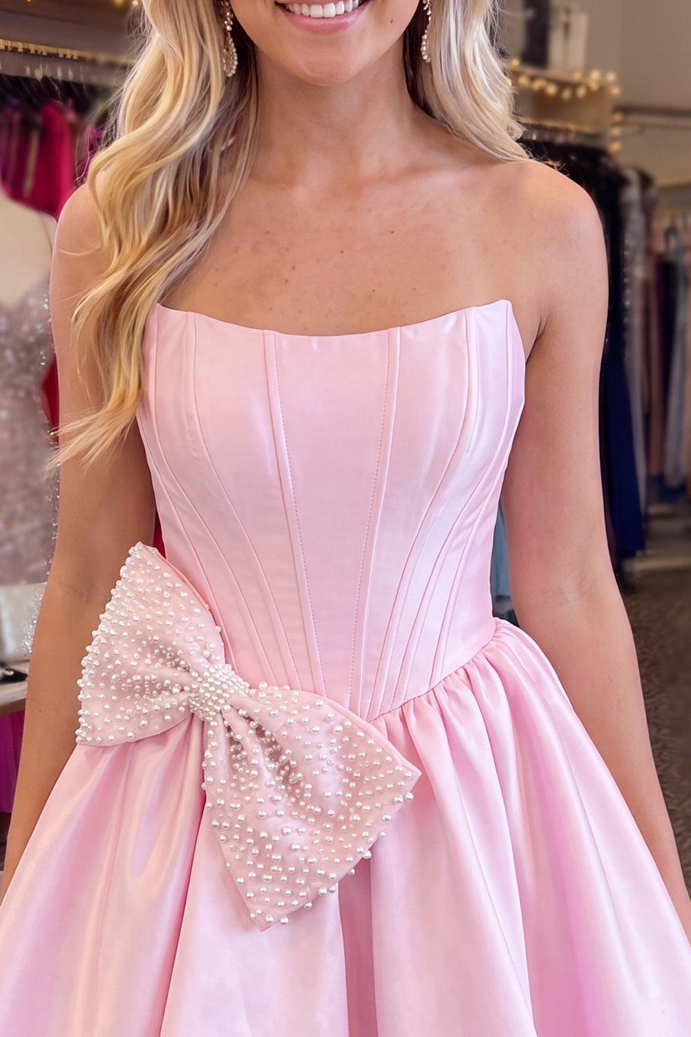 Pink Beaded Strapless A Line Short Corset Homecoming Dress with Bow