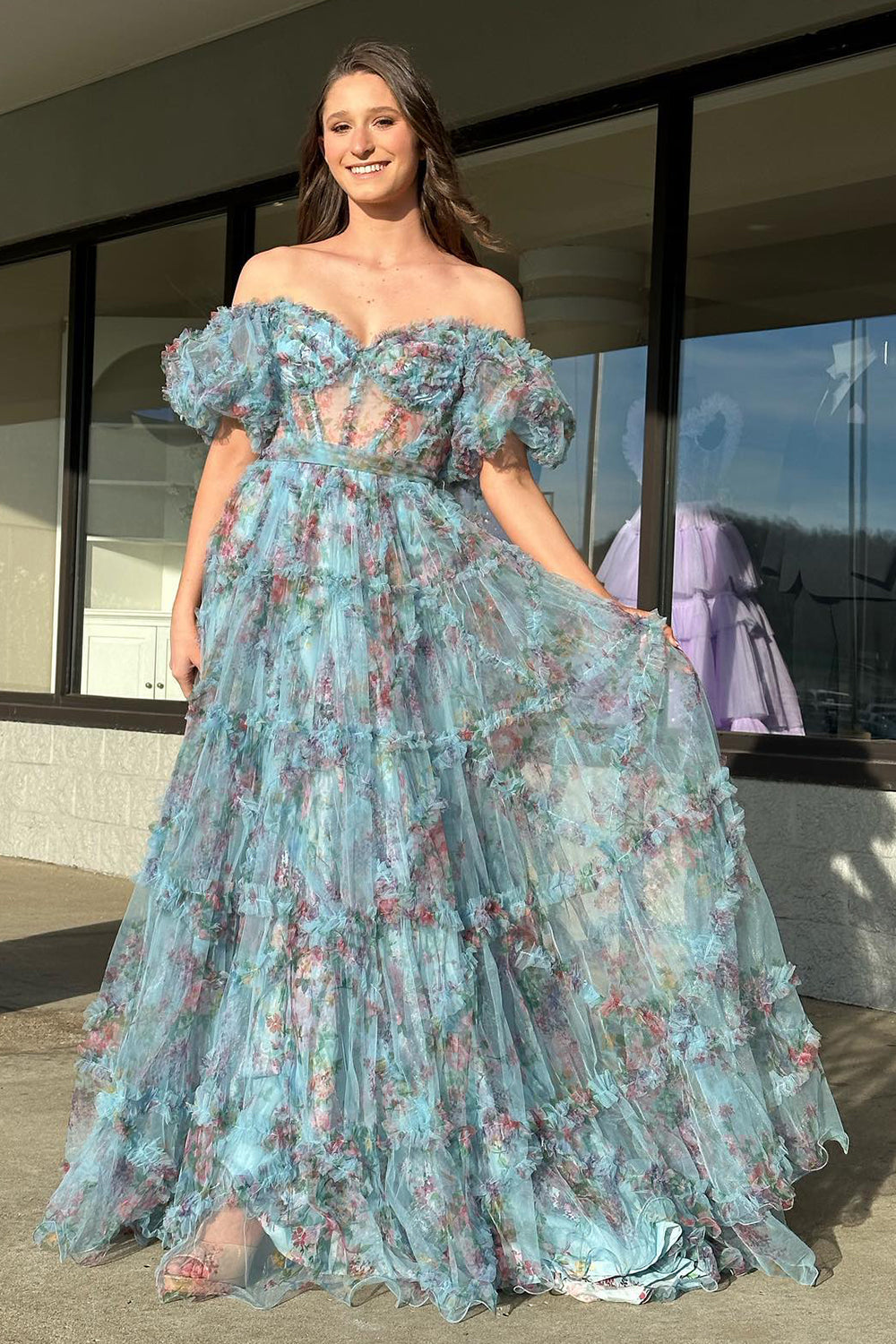 Pink Blue Prom Dress Flower Floral Off the Shoulder Long Evening Dress