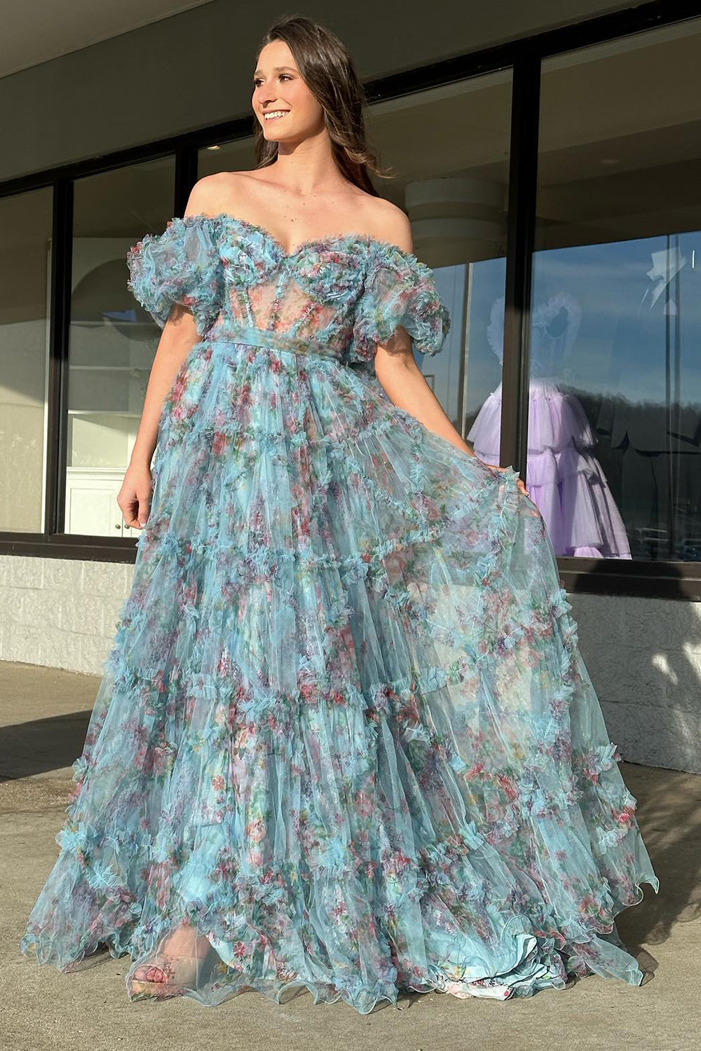 Pink Blue Prom Dress Flower Floral Off the Shoulder Long Evening Dress