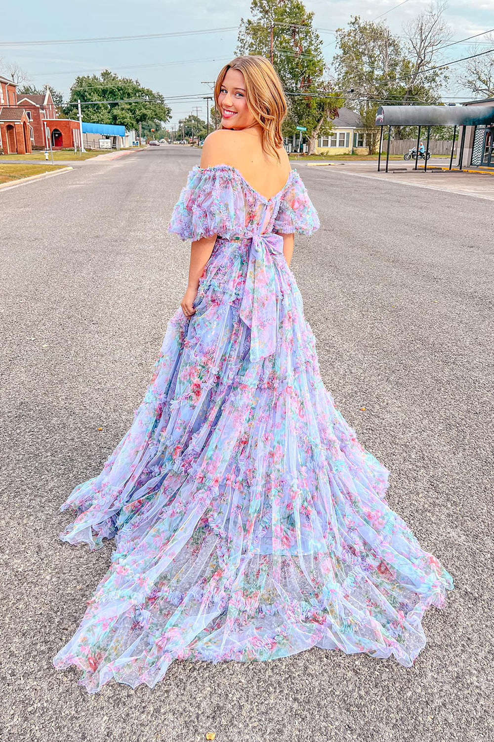 Pink Blue Prom Dress Flower Floral Off the Shoulder Long Evening Dress