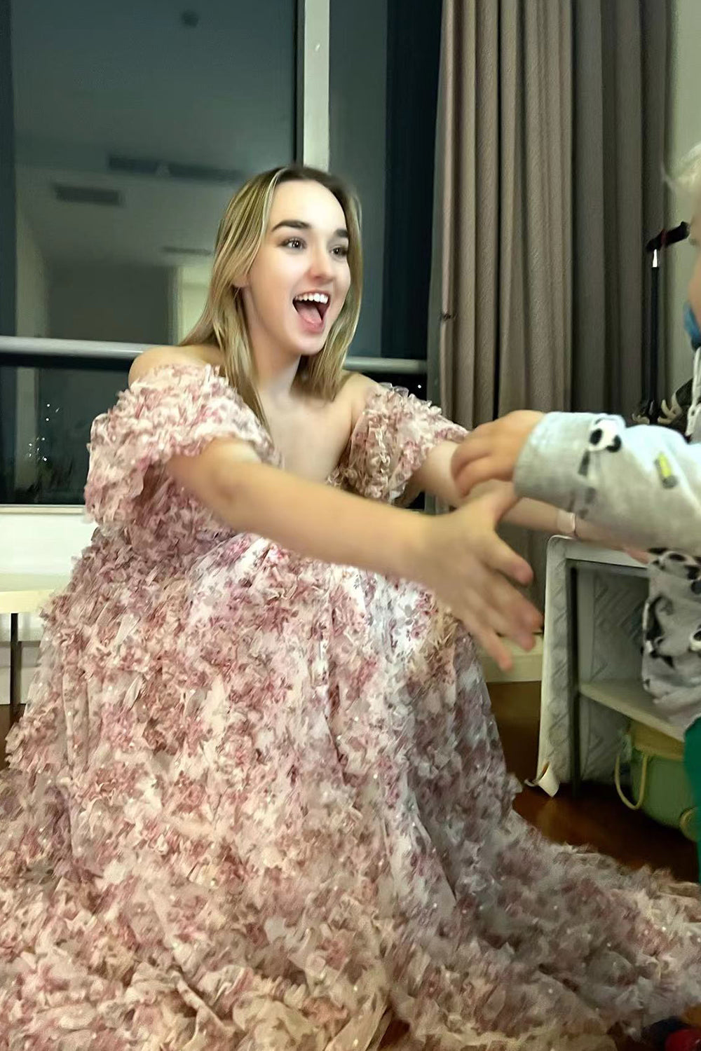 Pink Blue Prom Dress Flower Floral Off the Shoulder Long Evening Dress