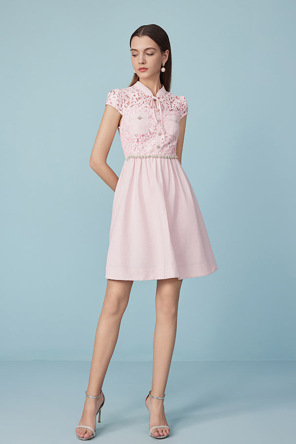Pink Cap Sleeve A Line Lace Casual Summer Dress