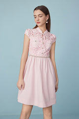 Pink Cap Sleeve A Line Lace Casual Summer Dress