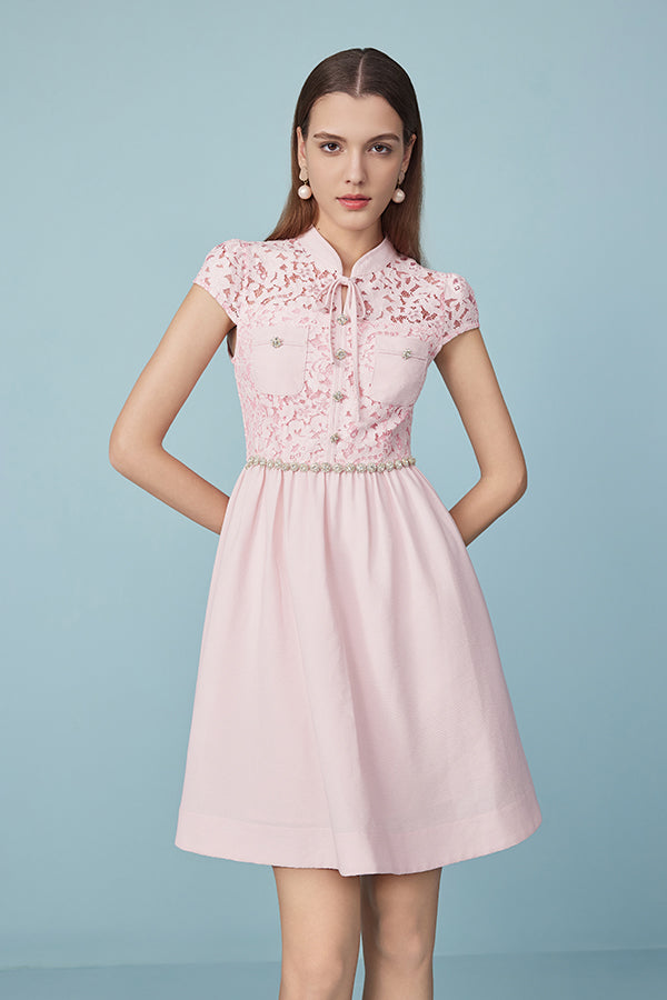 Pink Cap Sleeve A Line Lace Casual Summer Dress