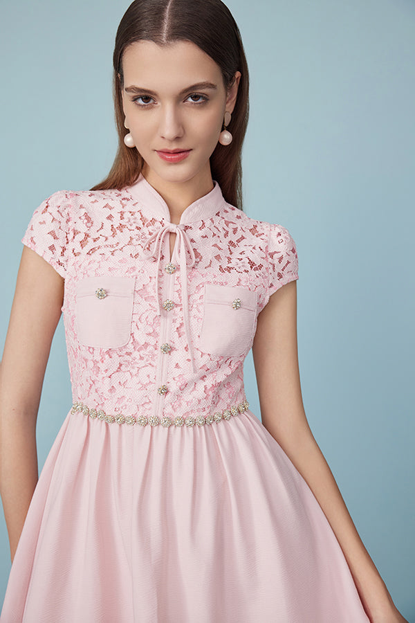 Pink Cap Sleeve A Line Lace Casual Summer Dress