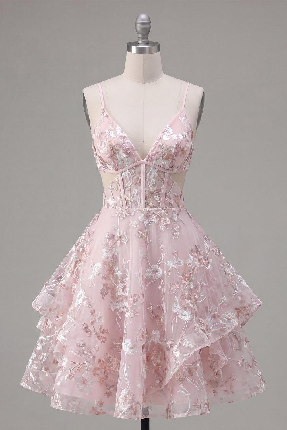 Pink Cut Out A Line V-Neck Short Floral Ruffled Corset Homecoming Dress