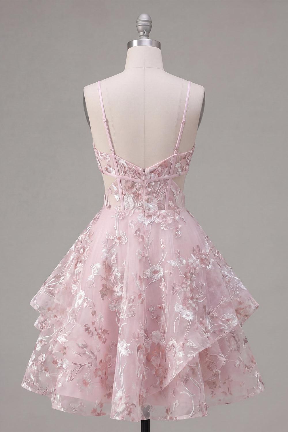 Pink Cut Out A Line V-Neck Short Floral Ruffled Corset Homecoming Dress