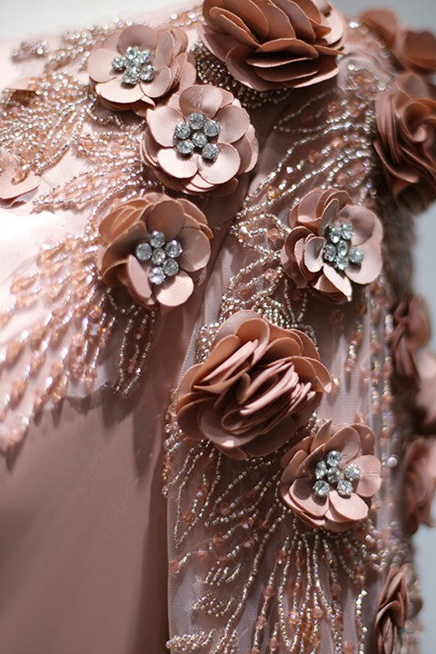 Pink Detachable Train Prom Dress Long Sleeve Bateau Neck Formal Dress With 3D Flowers