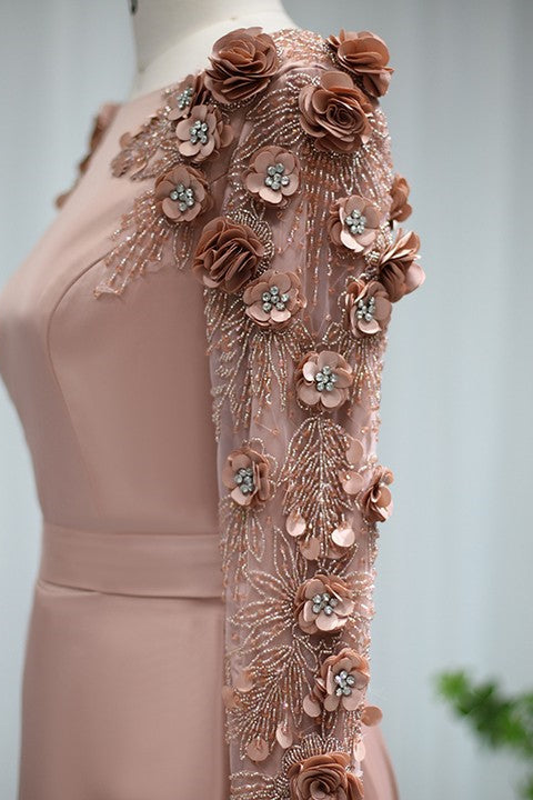 Pink Detachable Train Prom Dress Long Sleeve Bateau Neck Formal Dress With 3D Flowers