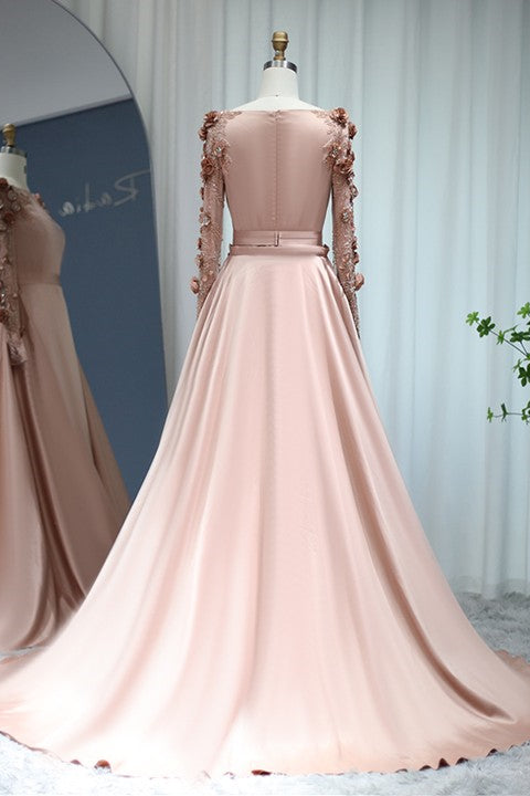 Pink Detachable Train Prom Dress Long Sleeve Bateau Neck Formal Dress With 3D Flowers