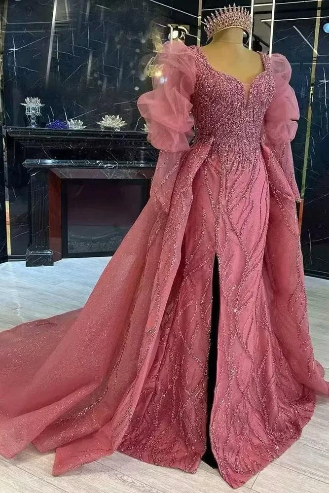 Pink Detachable Train Prom Dress Long Sleeve V Neck Beaded Formal Dress